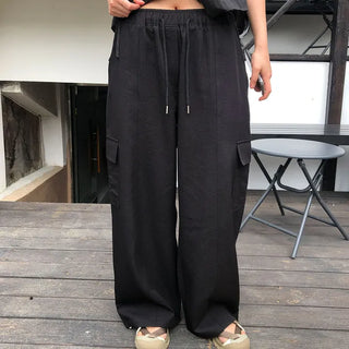 Peak Women's Summer Long Cargo Jogger Loose Fit Free Wide Black Elastic Waist Pants