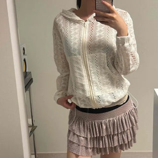 Zipper Drawstring Punching Full Zip Loose Fit Long Sleeve Zip-Up