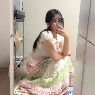 Frill Color Block Flower Tiered A-Line Long Skirt