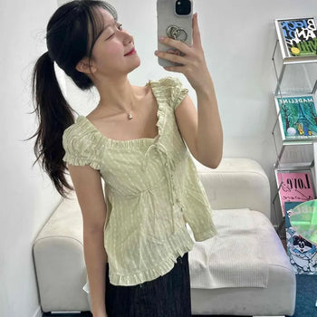 Shirred Frill Striped Cap Sleeve Daily Blouse