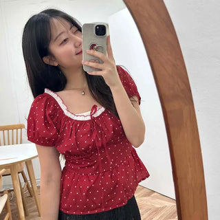 Shirred Frill Contrast Polka Dot Short Sleeve Blouse