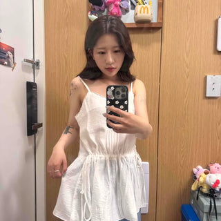 Pintuck Shirred String Tiered Sleeveless Mini Dress