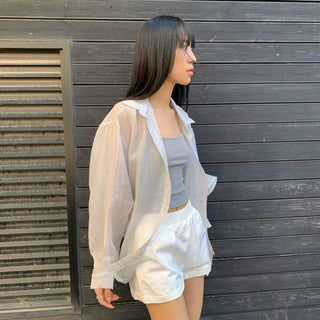 Oversized Striped See-through Button-Down Long Sleeve Shirt