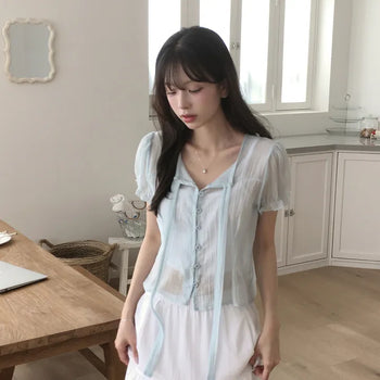 Summer See-through Strap Puff Short Sleeve Blouse