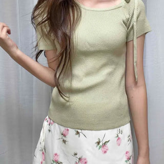 Ribbon Plain Slim Fit Short Sleeve Daily T-shirt