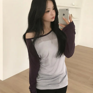 Full of Pretty, Color-Blocked Raglan One-Off Shoulder See-Through Summer Delicate Slim Fit Long Sleeve T-Shirt