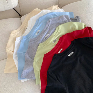 No Stretch/Stretchy◈◈Basic Spandex Short Sleeve Cotton Round Basic U-Neck Layered Slim Fit Label T-shirt Cooling Cotton Top