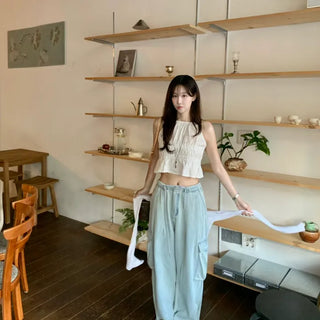 Halter cropped shirred sleeveless top