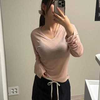 String Plain Slim Fit Long Sleeve Daily T-shirt