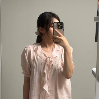 Ribbon Pintuck Plain Loose Fit Short Sleeve Blouse