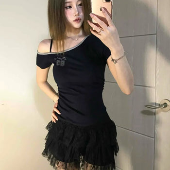 Off-shoulder Slim Fit Plain Daily Short Sleeve T-shirt