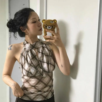 Shirred Ribbon Wrap Check Sleeveless