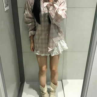 Button Check Button-Down Oversized Long Sleeve Shirt