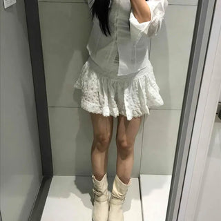Ribbon Button Plain Button-Down Long Sleeve Blouse