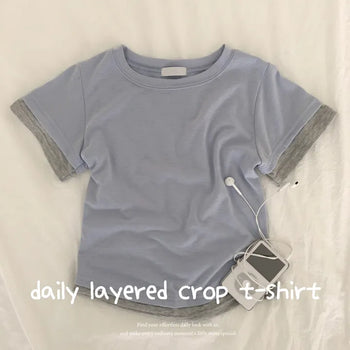 Effortless Chic, One-piece Layered Round Neck Feminine Slim Fit Short Sleeve T-shirt