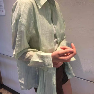 Seed Button Stripe Loose Fit Long Sleeve Shirt