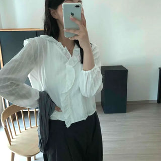 Loose-fit Plain Frill Pintuck Button-down Long-sleeve Blouse
