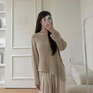 Slit Plain Loose Fit Long Sleeve Daily