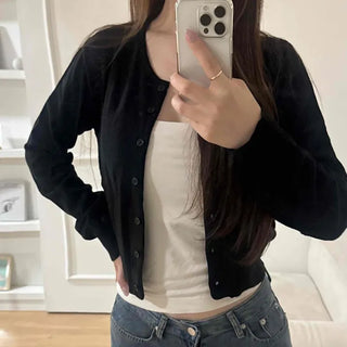 Button Plain Slim Fit Long Sleeve Basic Cardigan