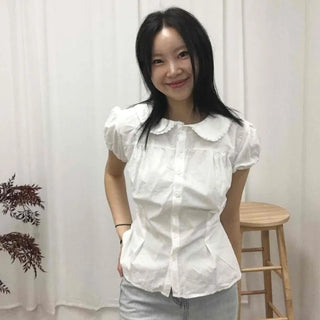 Plain Button-Down Short Sleeve Regular Fit Blouse