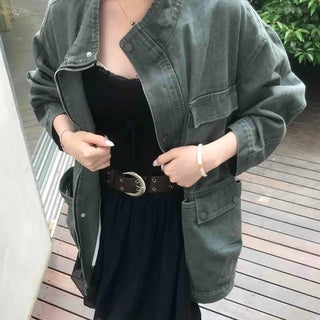 Flap Pocket Button Washed Plain Oversized Long Sleeve Field Jacket