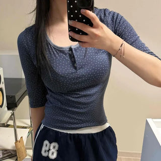 Slim Fit Polka Dot Color Block Henley Neck Short Sleeve T-shirt