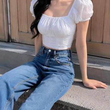 Shirred Plain Short Sleeve Daily Blouse