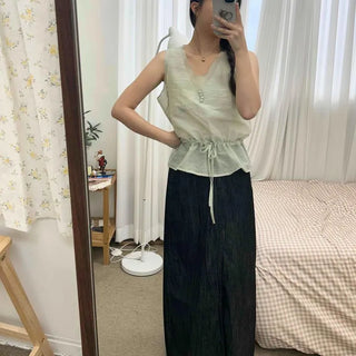 Button Slit Straight H-Line Long Skirt