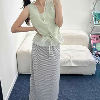 Button String Shirred Plain Sleeveless Loose Fit Blouse
