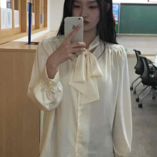 Shirred Ribbon Button Plain Loose Fit Long Sleeve Blouse