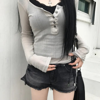 Honey Innocent Hip Pastel Button Long Sleeve T-shirt (3 colors)