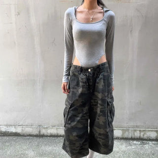 Washed Cargo Pocket Flap Pocket Camo Wide Long Pants