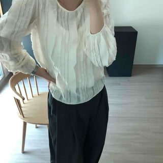Loose Fit Plain Pinton Shirred Frill Long Sleeve Blouse
