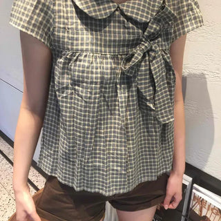 Shirred Ribbon Button A-Line Short Sleeve T-shirt