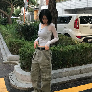 Loose Fit Washed Cargo Pocket Wide Daily Long Pants