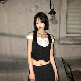 Slim Fit Plain Button Frill Contrast Layered Sleeveless