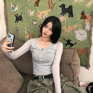 Slim Fit Plain Button Frill Long Sleeve T-shirt