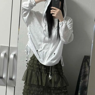 Oversized Plain Drawstring Hooded Zip-Up Daily Jumper
