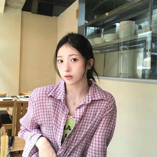 Loose Fit Gingham Check Button-Down Long Sleeve Shirt