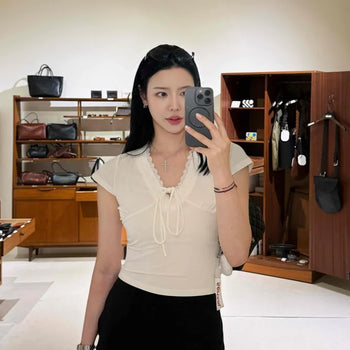 Lusha String Shirring Regular Fit Plain Daily Short Sleeve T-shirt