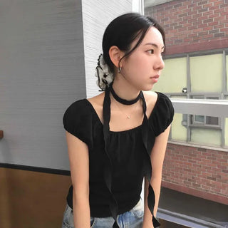 Shirred Ribbon String Strap Plain Short Sleeve T-shirt