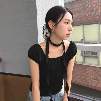 Shirred Ribbon String Strap Plain Short Sleeve T-shirt