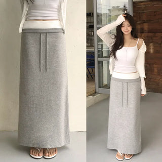 Contrast Low-Rise Elastic Maxi Long Skirt