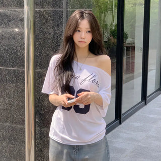 One-Off Shoulder Number Lettering Loose Fit Short Sleeve T-shirt