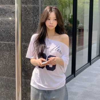 One-Off Shoulder Number Lettering Loose Fit Short Sleeve T-shirt