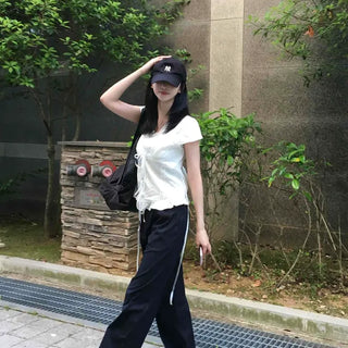 Contrast Drawstring Wide Loose Fit Daily Long Pants