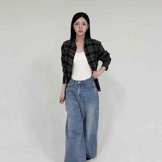 Loose-fit Check Shirred Button-down Long-sleeve Shirt