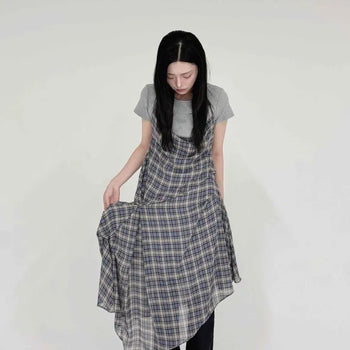 Strap Layered Check A-Line Sleeveless Long Dress