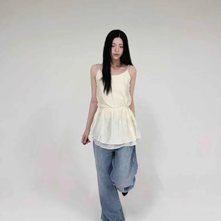 Loose Fit Shirred Strap Layered Tiered Sleeveless Mini Dress