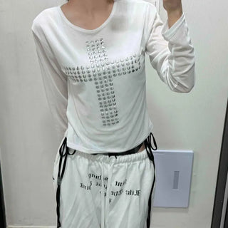 Loose-fit Studded Casual Long-sleeve T-shirt